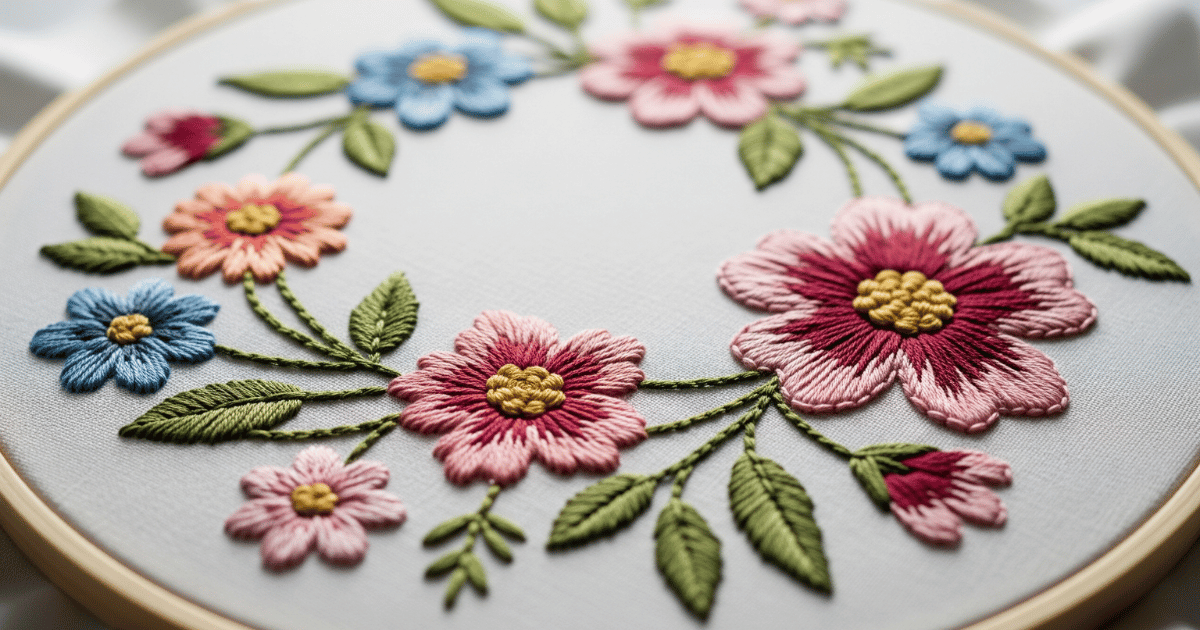 Close-up of a digitized applique embroidery floral design on a fabric hoop.