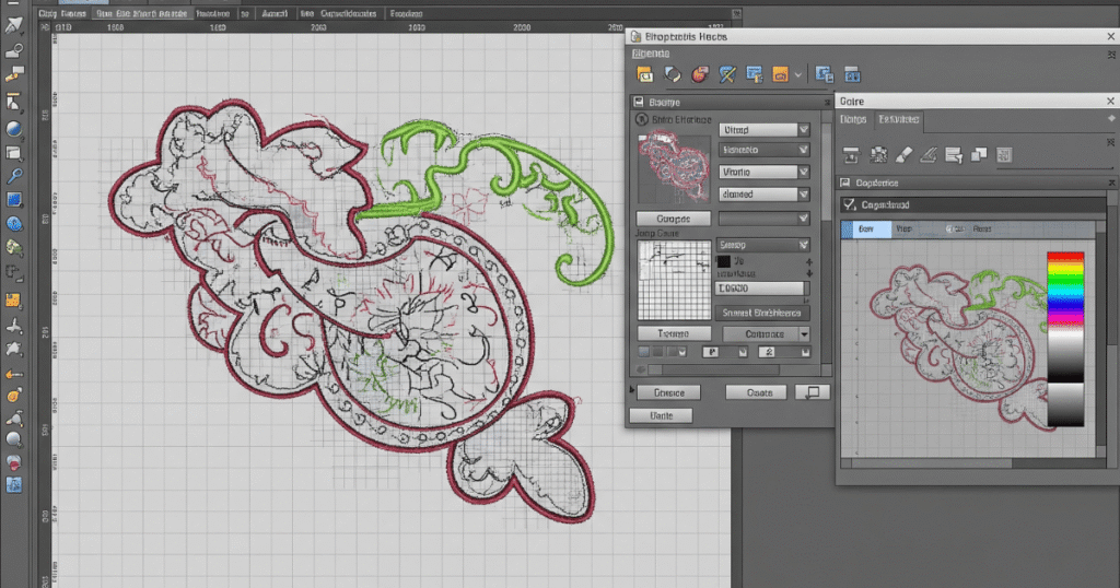 Digitized applique embroidery file being previewed on professional digitizing software.