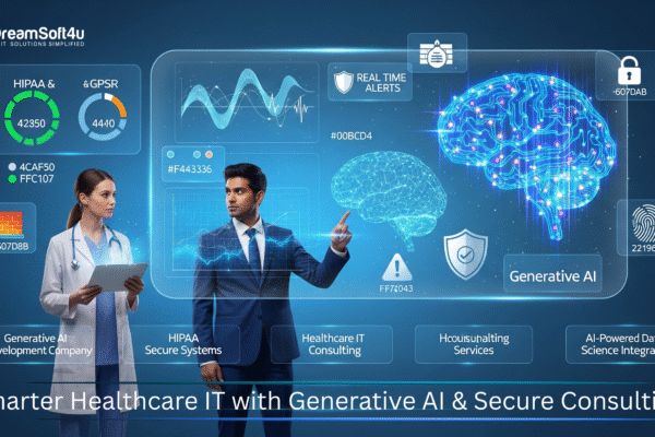 How Healthcare IT Consulting Services Leverage Generative AI to Boost Compliance and Data Security Healthcare IT consultant securing patient data with generative AI technology