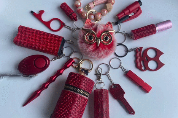 A woman holding a women self defense keychain, symbolizing empowerment and personal safety in an unpredictable world.