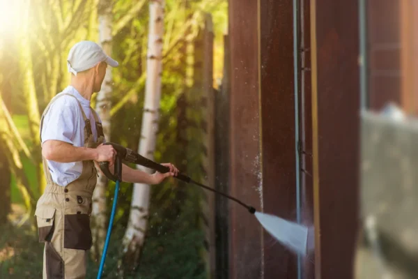 Professional cleaner pressure washing a building exterior as part of commercial & residential hassle-free cleaning services.