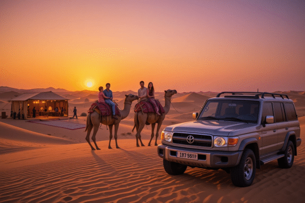 Family Desert Safari Dubai – An Unforgettable Journey into the Arabian Sands Family with children riding camels during a desert safari in Dubai.