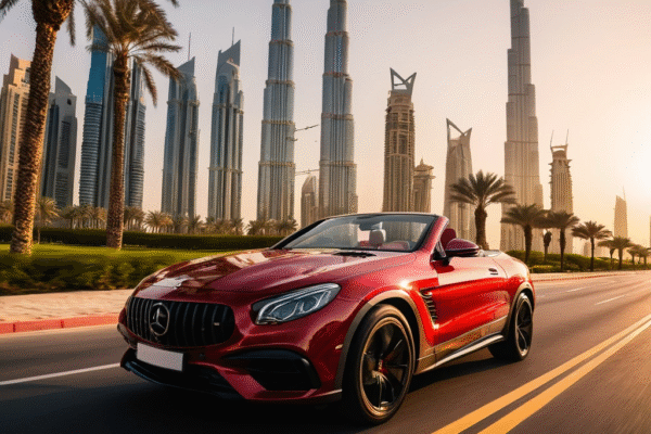 Explore the UAE on Your Terms: Why Skye Car Rental is the Key to Hassle-Free Driving in Dubai Red luxury convertible Mercedes driving through Downtown Dubai with Burj Khalifa and modern skyscrapers in the background at sunset.