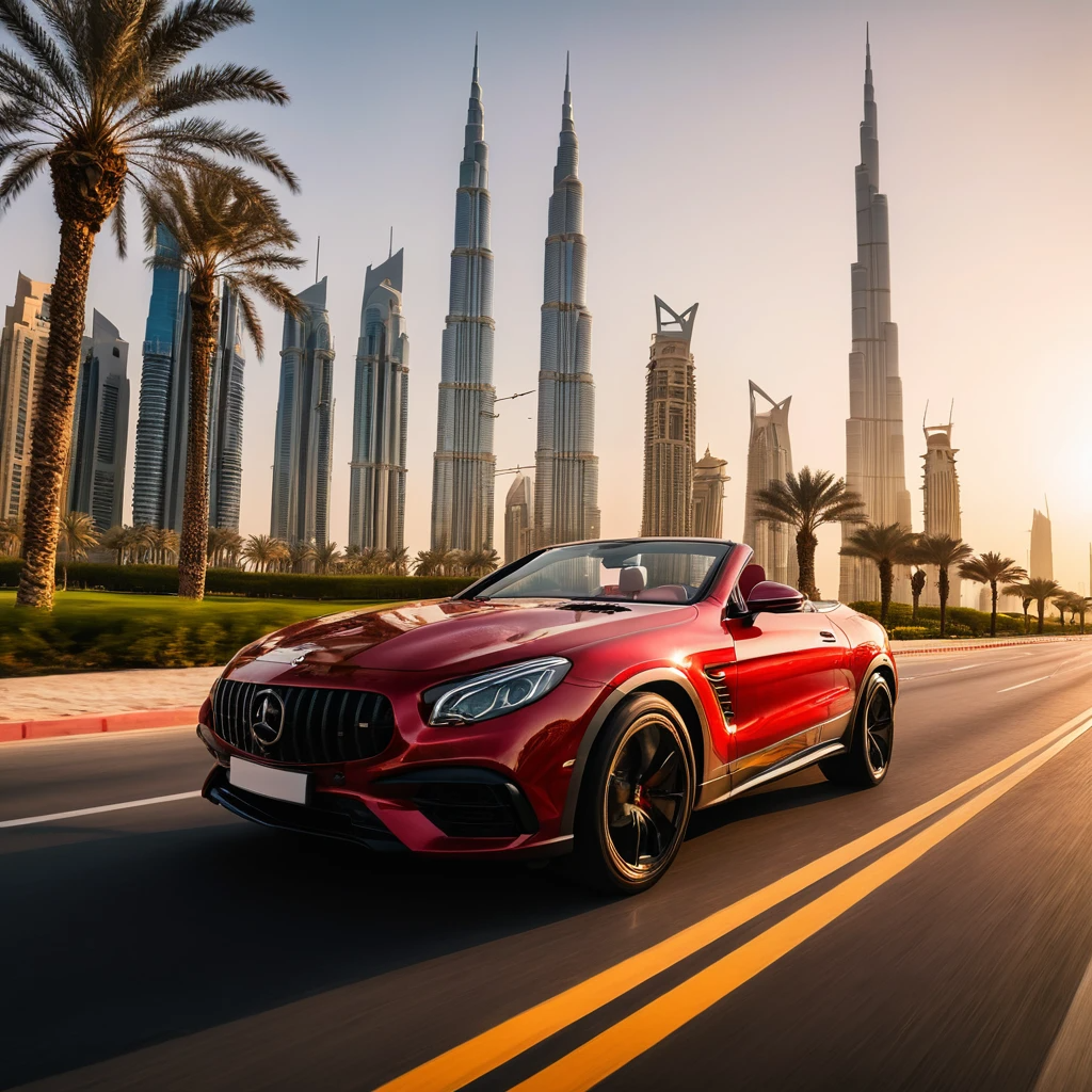 Red luxury convertible Mercedes driving through Downtown Dubai with Burj Khalifa and modern skyscrapers in the background at sunset.