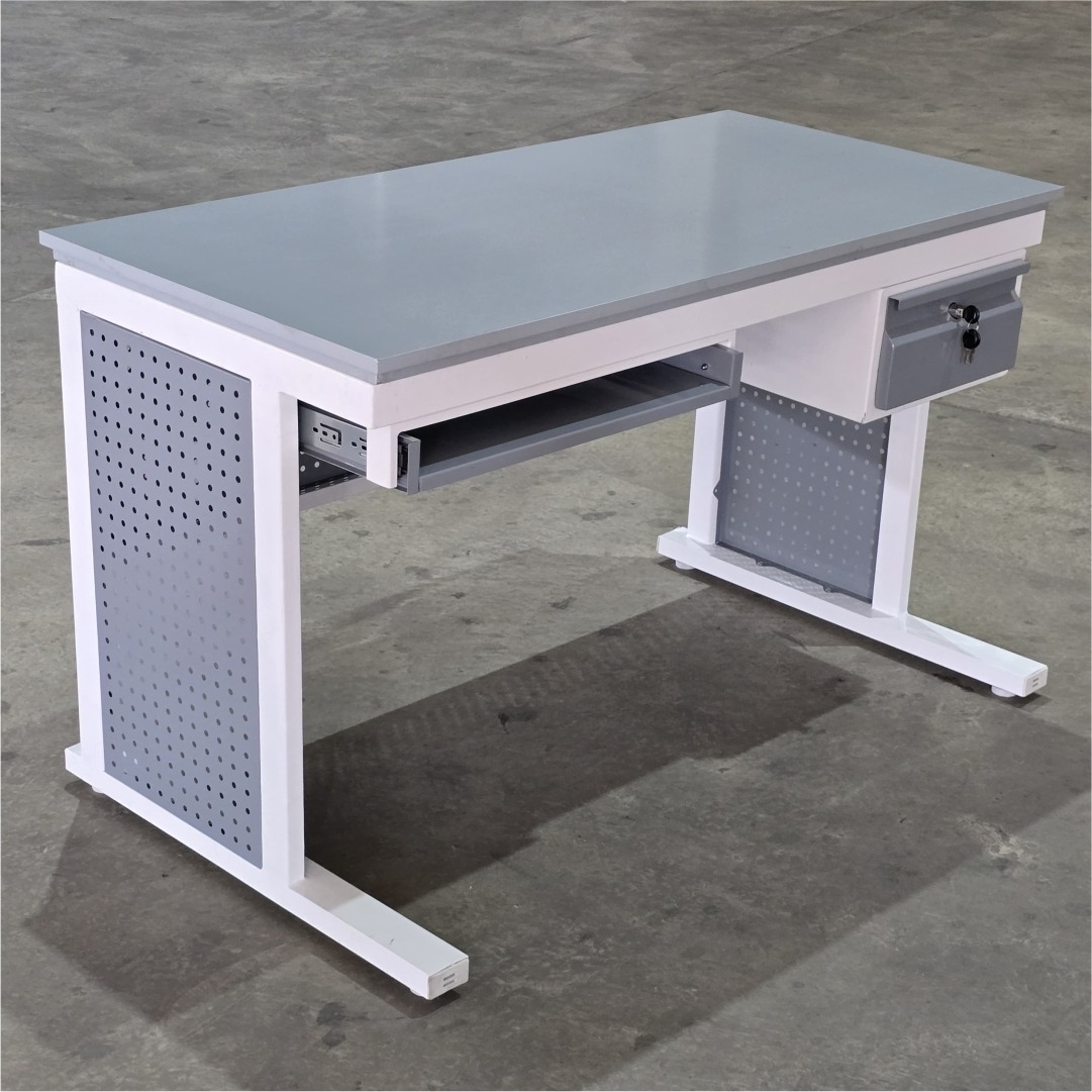 Modern steel computer table with drawer and keyboard tray – best computer table price in Pakistan for office and home use.
