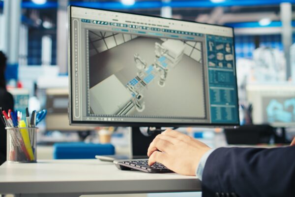 Engineer working on a computer with CAD software displaying a 3D model of industrial machinery.