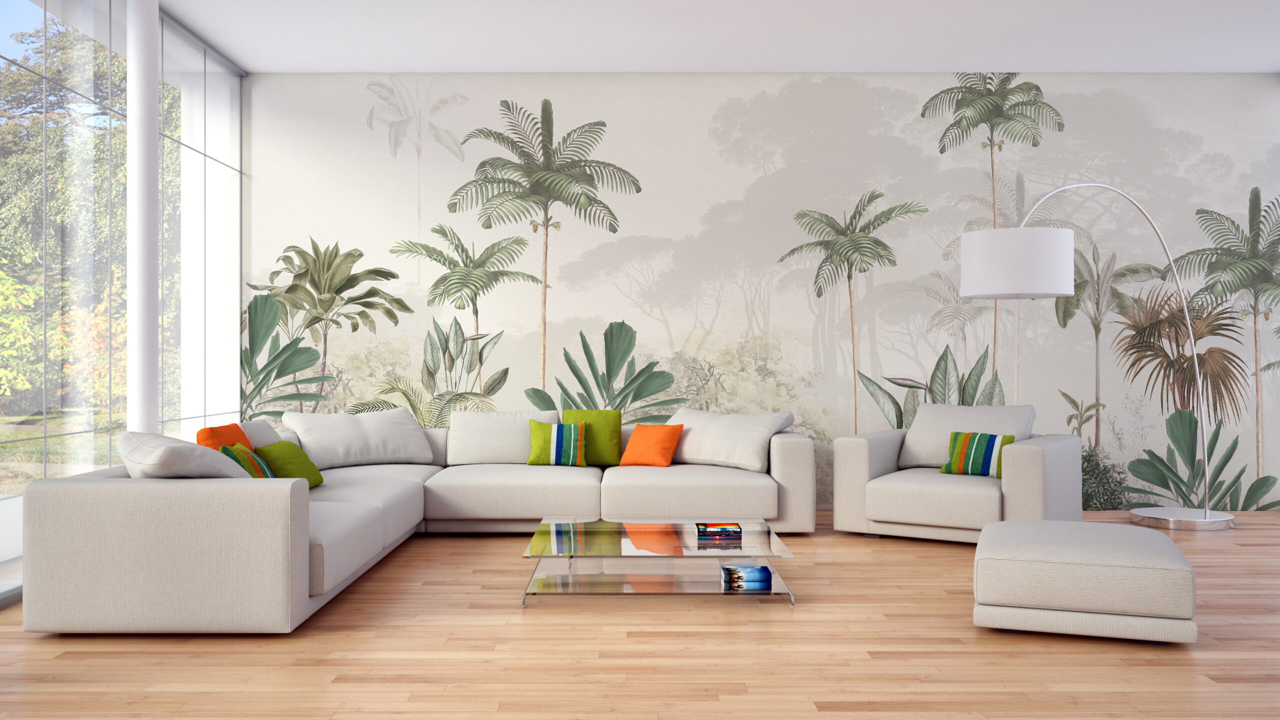 Tropical Trees White Tone Mural Wallpaper