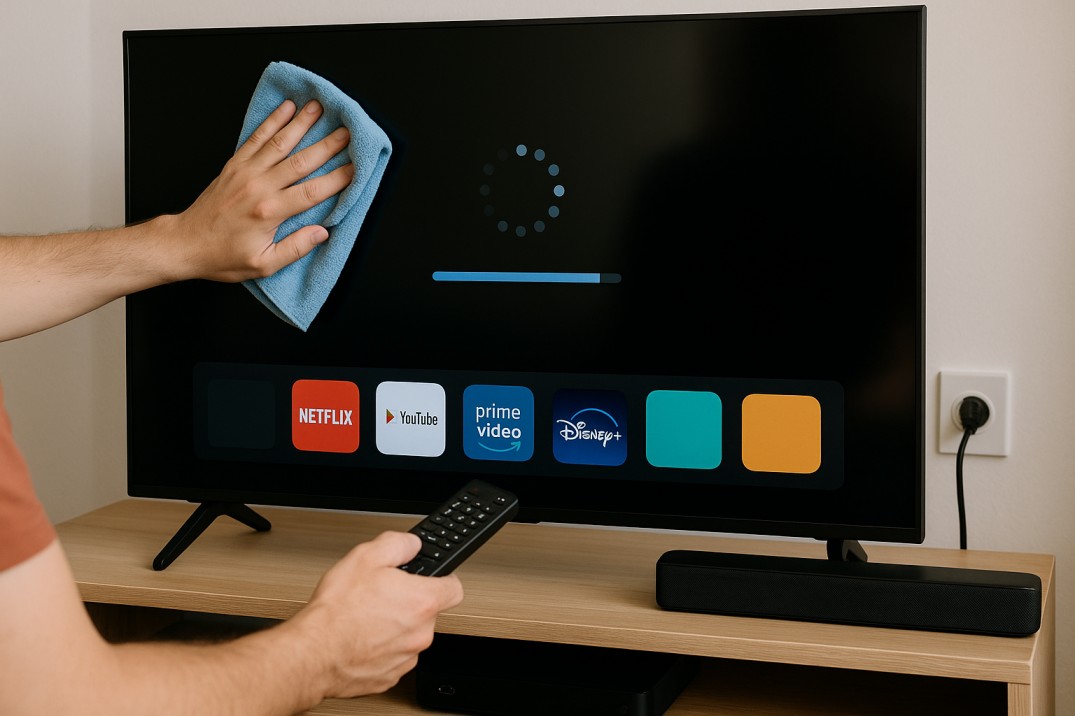 Person cleaning a smart TV screen with a microfiber cloth while holding a remote, showing app icons and a loading screen on the TV.